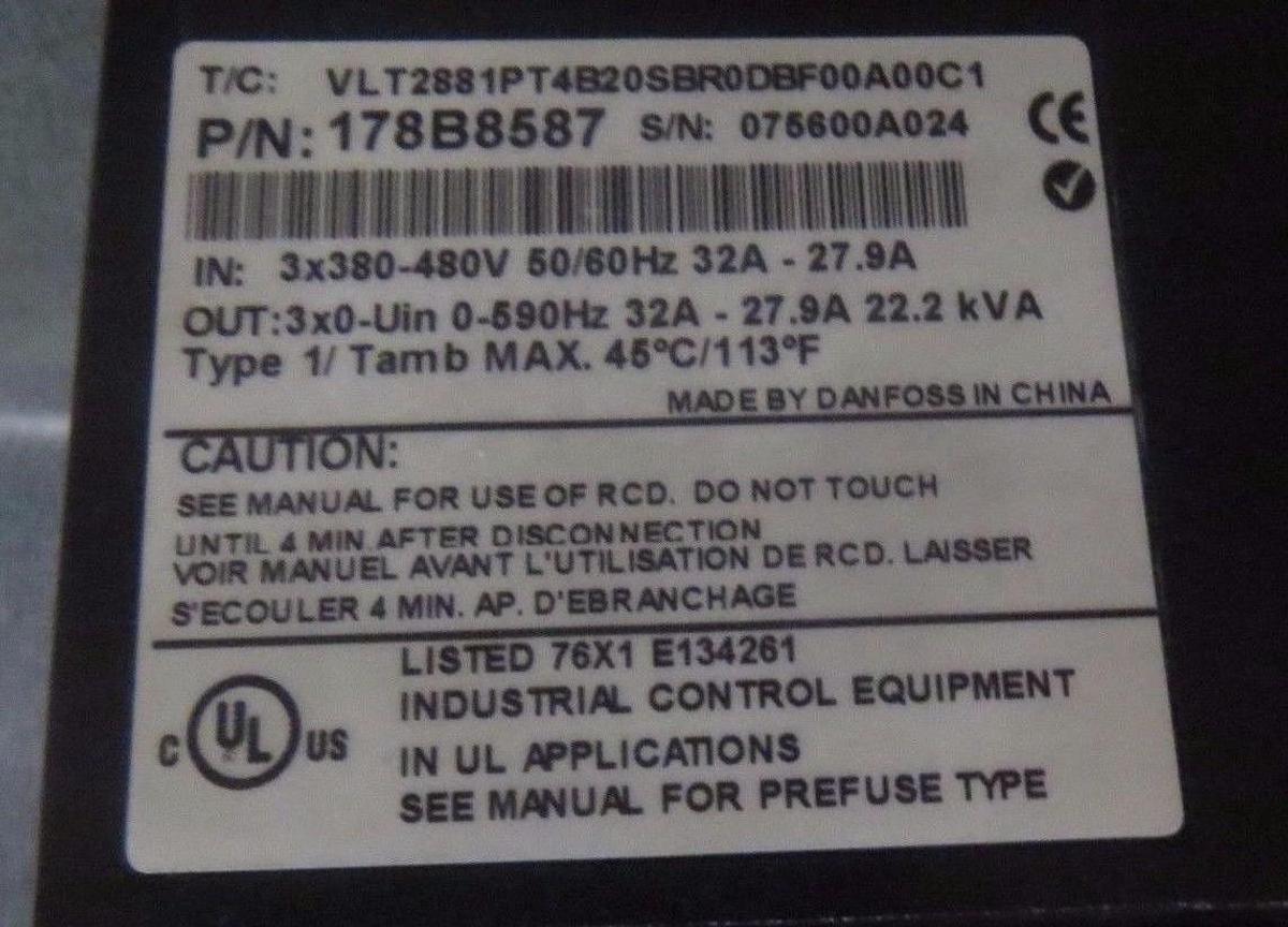Used DANFOSS VARIABLE SPEED DRIVE VLT 2800 480V 27.9-32 AMP 20 HP178B8587