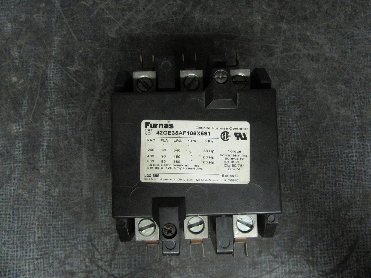 Used FURNAS DEFINITE PURPOSE CONTACTOR 42GE35AF106X591 600V 90A 60HP 3-POLE 3-PHASE
