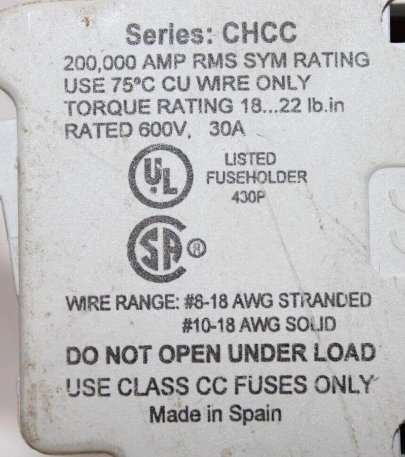 Used BUSSMANN FUSE HOLDER CHCC2D 600 VOLT 30 AMP 2-POLE **WARRANTY INCLUDED**