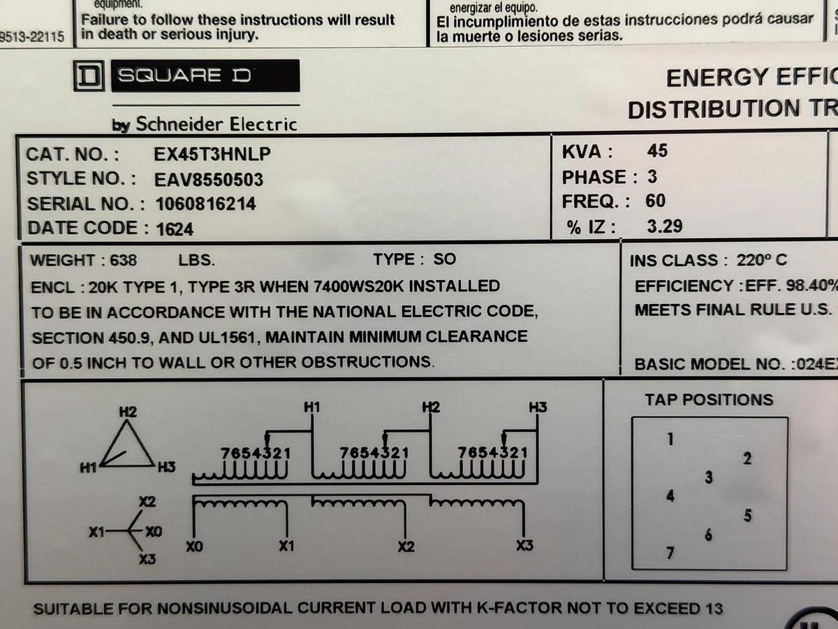 Used 45 KVA SQUARE D TRANSFORMER EX45T3HNLP PRI: 480V @ 54.1A SEC: 208/120V @ 124.9A