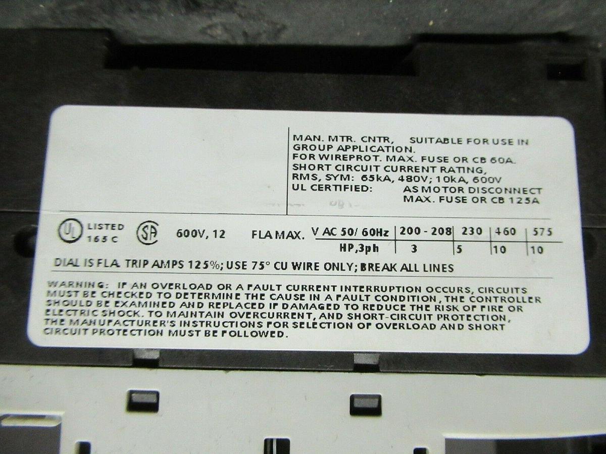 Used SIEMENS MANUAL MOTOR START 3RV1021-1KA10 600 VAC 12 AMP 10 HP