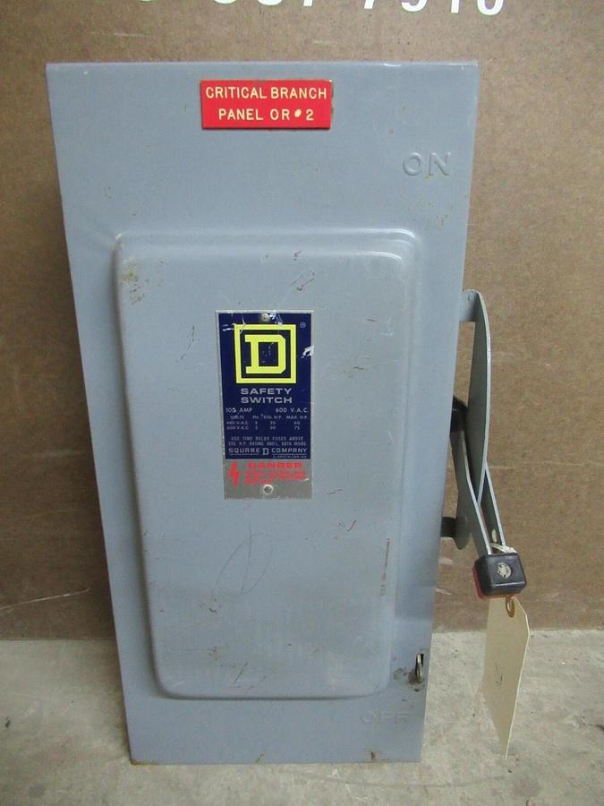 Used SQUARE D SAFETY SWITCH H-363 TYPE 1 ENCLOSURE 100 AMP 75 HP 600 VAC 2-POLE