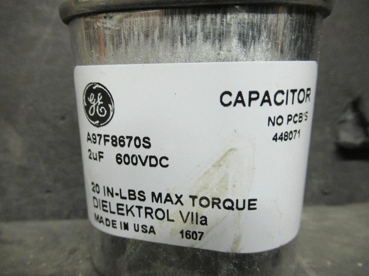Used GE GENERAL ELECTRIC ALUMINUM CASED 2uF NON PCB CAPACITOR A97F8670S DIELEKTROL