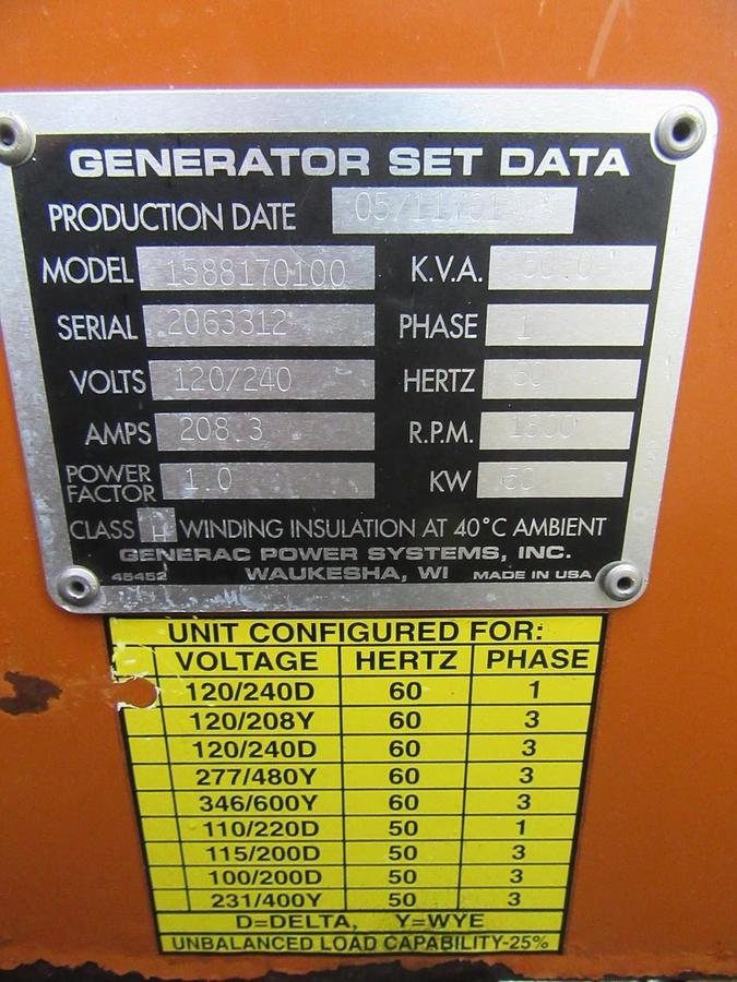 Used 50 KW DIESEL GENERATOR GENERAC 120/240V 1 PH ONLY 137.5 HRS  ENCLOSED 50 KW