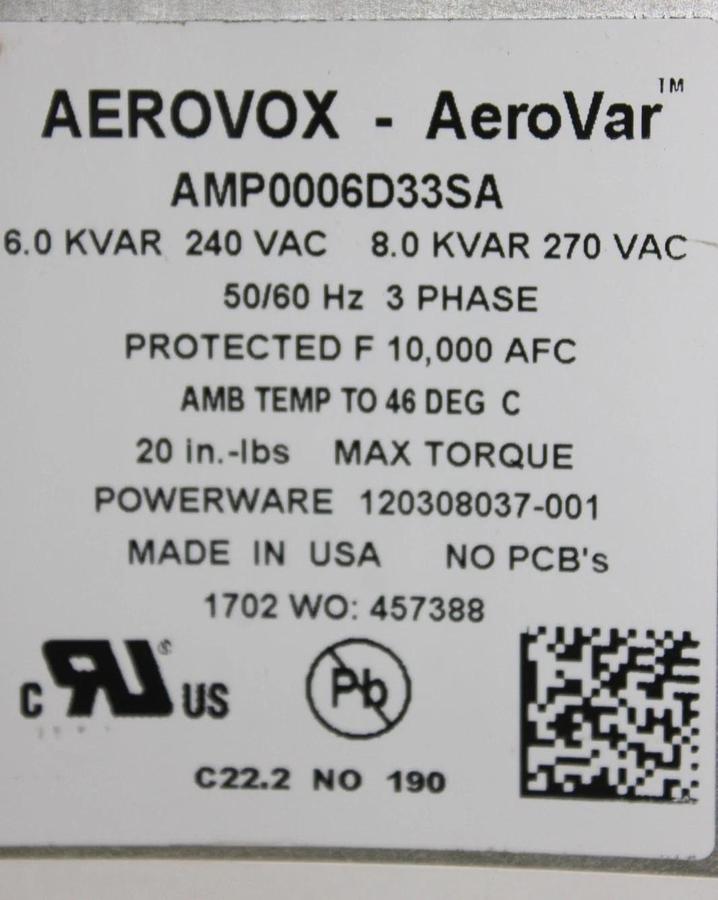 Used AEROVOX AEROVAR CAPACITOR AMP0006D33SA 6-8 kVAR 240-270 VAC 50/60 HZ 3-PHASE