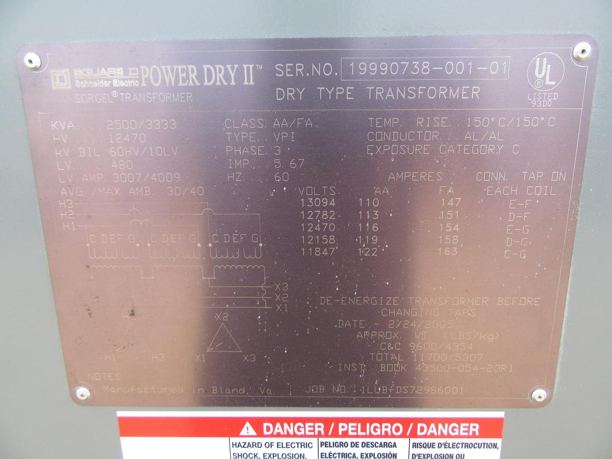 Used 2500 / 3333 KVA SQUARE D TRANSFORMER SUBSTATION INSULATED HV 12470 LV 480