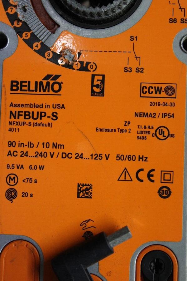 Used BELIMO ACTUATOR NFBUP-S 24-240 VAC 90 IN-LBS NEMA 2 NFXUP-S 9.5 VA 6 WATT NEMA 2