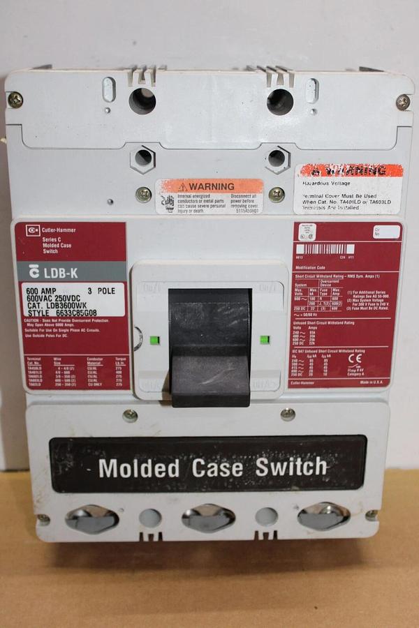 Used CUTLER HAMMER MOLDED CASE SWITCH LDB3600WK 600 AMP 3-POLE 600 VAC LDB-K