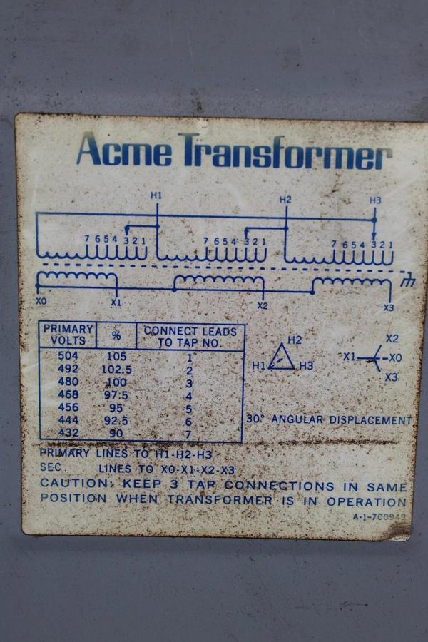 Used ACME TRANSFORMER T-1A-3500112-3S 112.5 KVA PRI: 480 VOLT SEC: 480Y/277 VOLT