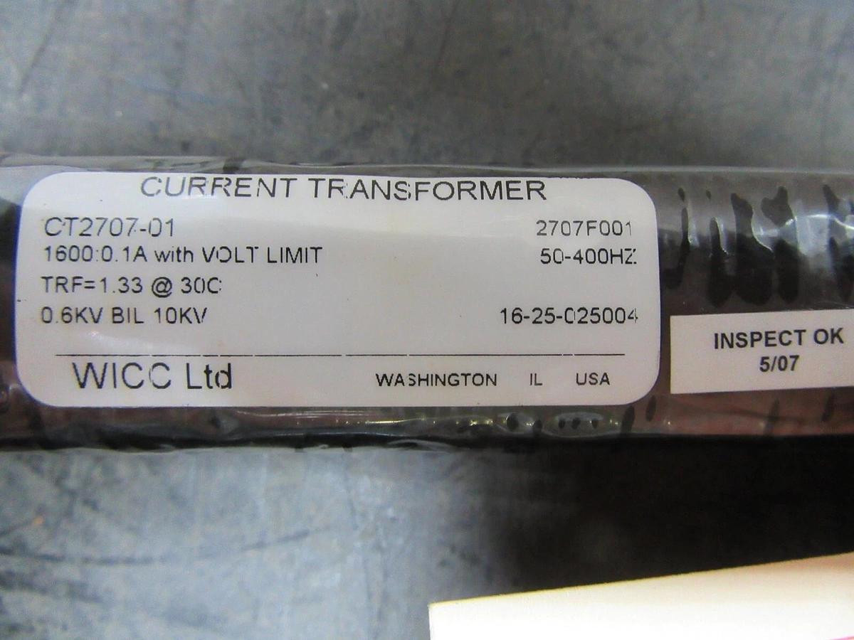 WICC CURRENT TRANSFORMER CT2707-01 1600:0.1 AMP 50-400 HZ **WARRANTY**