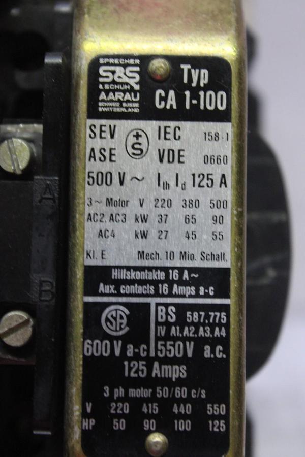 Used SPRECHER & SCHUH CONTACTOR CA-1-100 600 VAC 125 AMP 3-POLE