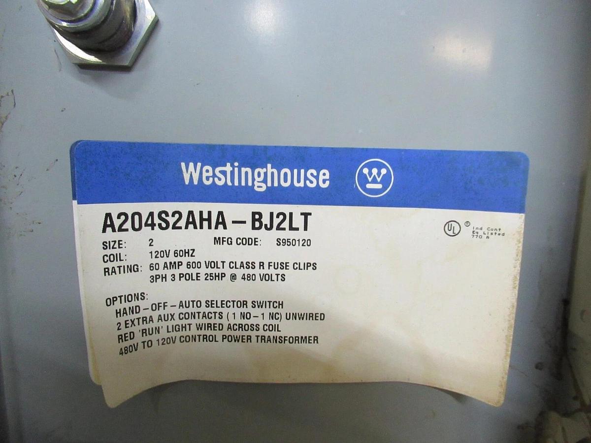 Used WESTINGHOUSE COMBINATION STARTER A204S2AHA-BJ2LT SIZE: 2 25 HP 600 VAC