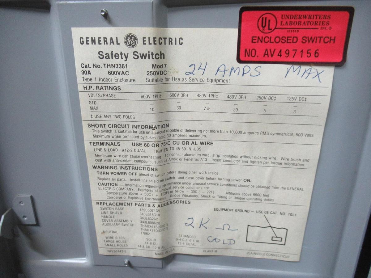 Used GE SAFETY DISCONNECT THN3361 ENCL. TYPE 1 30 AMP 600 VAC 30 HP 3-PHASE 3-POLE
