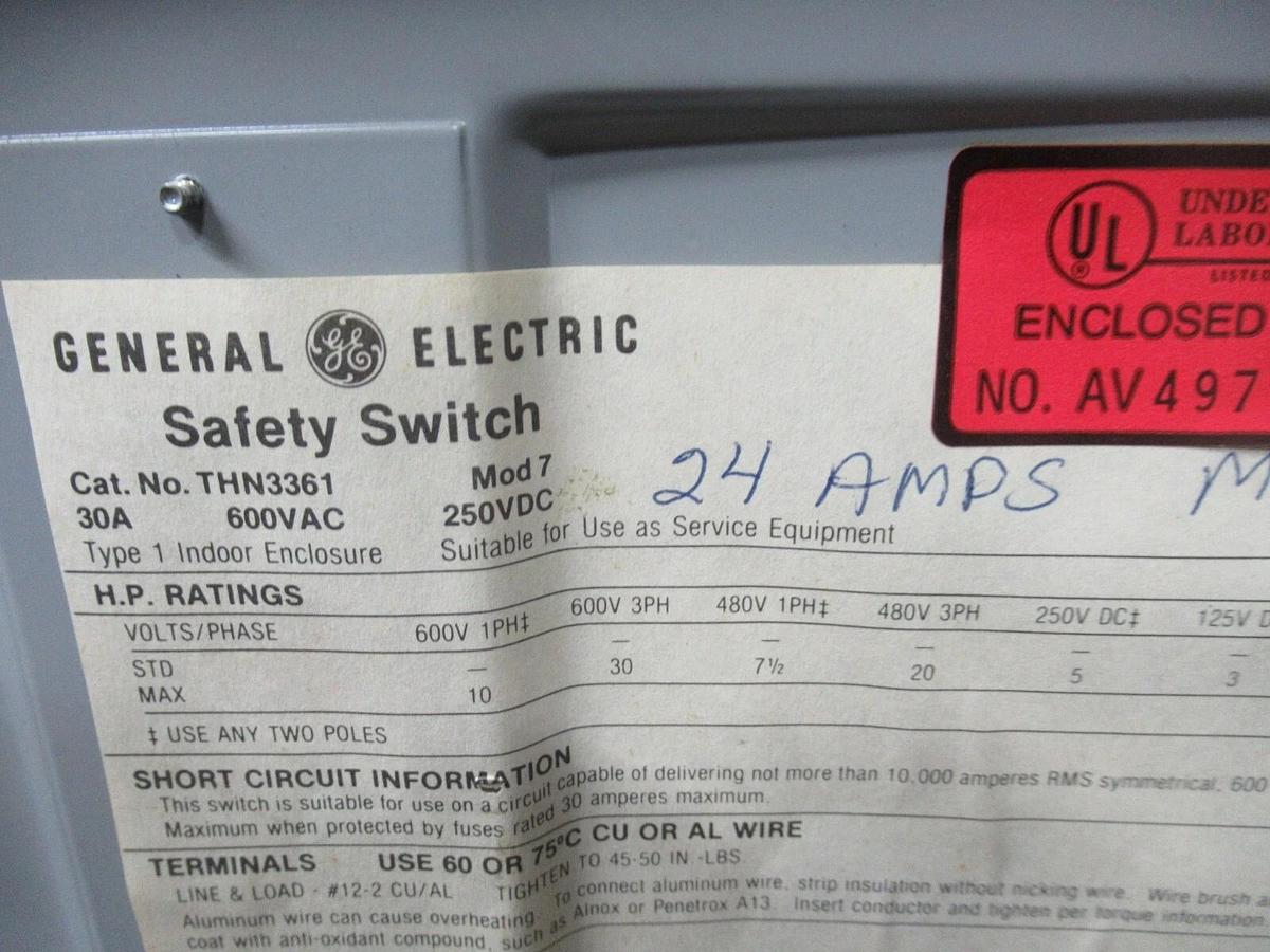 Used GE SAFETY DISCONNECT THN3361 ENCL. TYPE 1 30 AMP 600 VAC 30 HP 3-PHASE 3-POLE