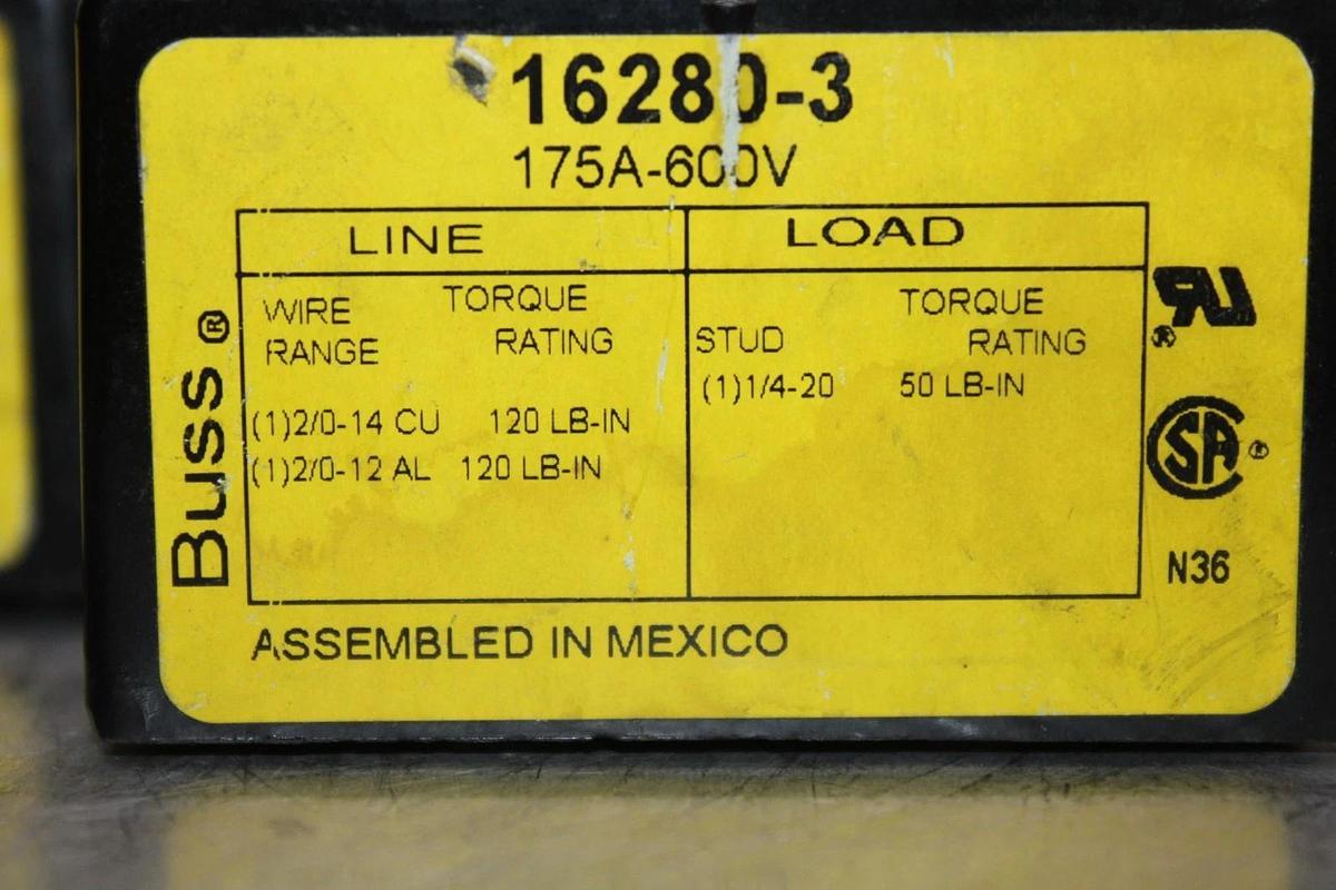 Used BUSS WIRE LUG 16280-3 175 AMP 600 VOLT 3-POLE COPPER & ALUMINIUM