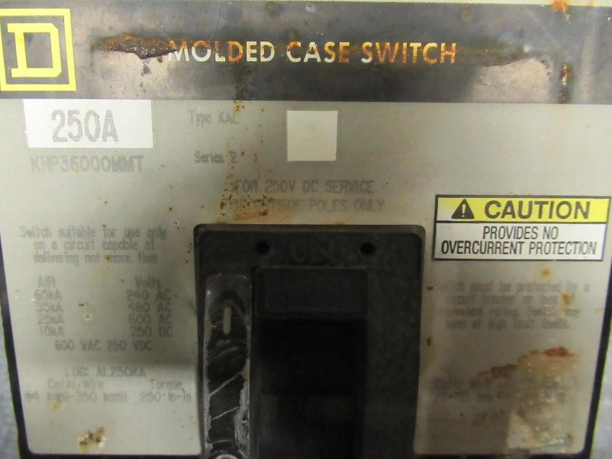 Used SQUARE D CIRCUIT MOLDED CASE SWITCH KHP36000MMT 250A 600VAC W/ TOP LUGS