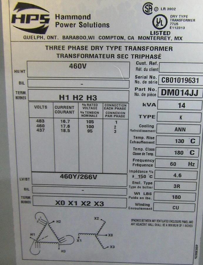Used HAMMOND TRANSFORMER DM014JJ 14 KVA PRI: 460V SEC: 266V NEMA 3R
