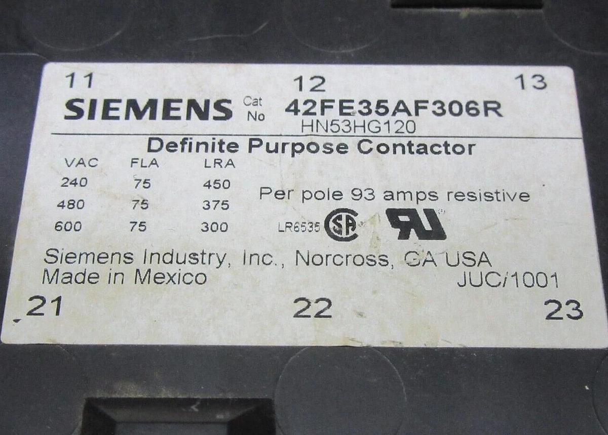 Used SIEMENS CONTACTOR 42FE35AF306R HN53CC024 75 AMP 600 VAC COIL: 110/120 VOLT