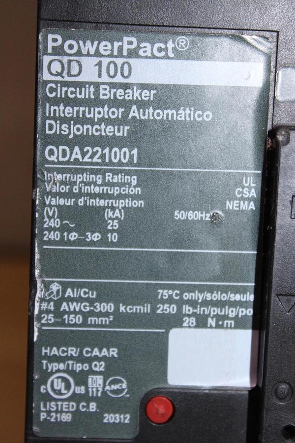 Used SQUARE D POWERPACT BREAKER QDA221001 100 AMP 240 VAC 2-POLE