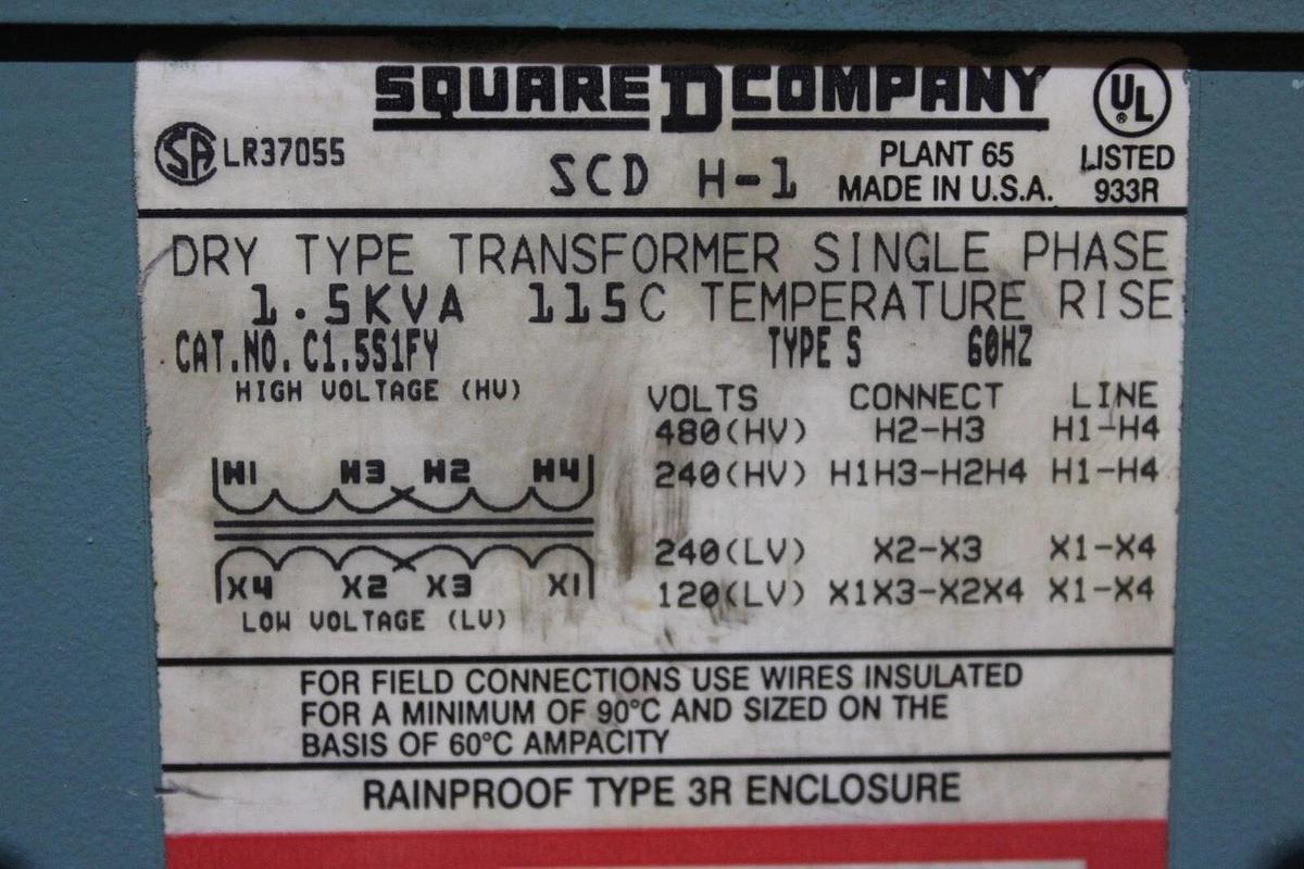 Used SQUARE D TRANSFORMER C1.5S1FY 1.5 KVA PRI: 240/480V SEC: 120/240V *WARRANTY*