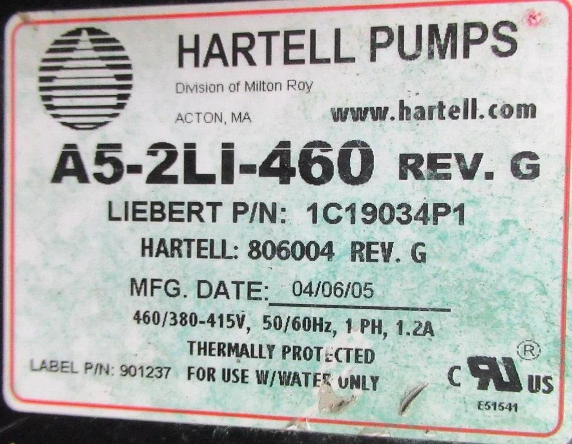 Used HARTELL PUMPS CONDENSATE PUMP A5-2LI-460 REV. G W/ FASCO MOTOR 7183-0392 460V