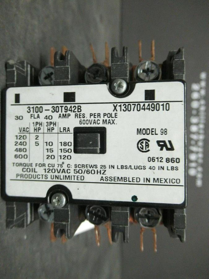 Used PRODUCT UNLIMITED CONTACTOR 3100-30T942B 30 AMP 40 AMP/RES 600 VAC 20 HP