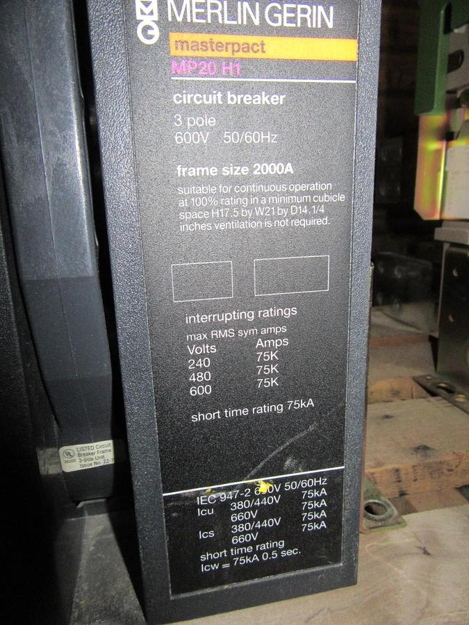 Used (1) MERLIN GERIN MASTERPACT CIRCUIT BREAKER MP20-H1 3P 600V 50/60HZ 2000A STR58U