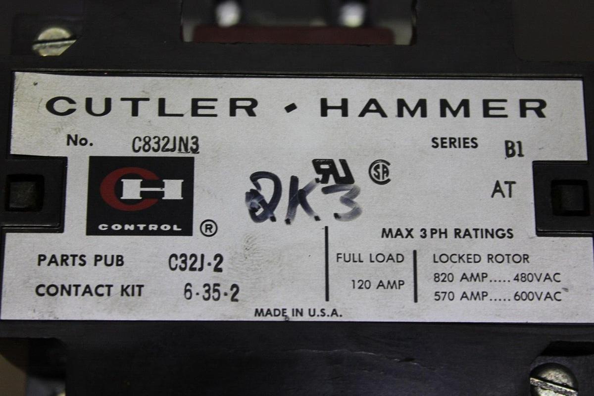 Used 120 AMP CUTLER HAMMER CONTACTOR C832JN3 600 VAC 3 PHASE COIL: 120V **WARRANTY**