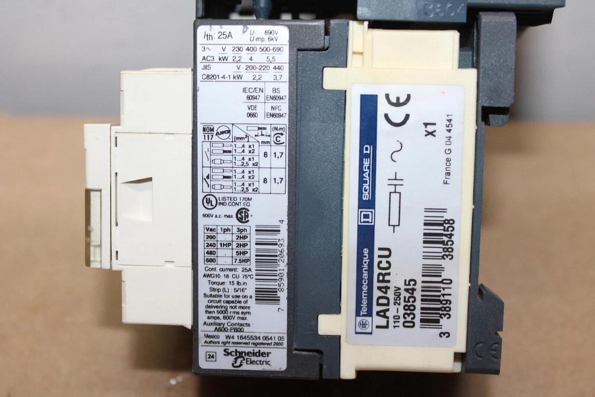 Used TELEMECANIQUE MANUAL MOTOR STARTER LC1D09 W/ GV2ME10/4.3-6A 600V 7.5HP 25A