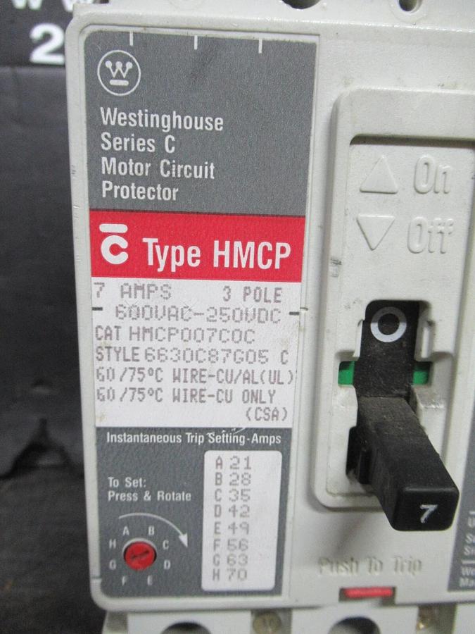Used CUTLER HAMMER BREAKER HMCP007COC 7 AMP 3-POLE 600 VAC 250 VDC W/ LUGS
