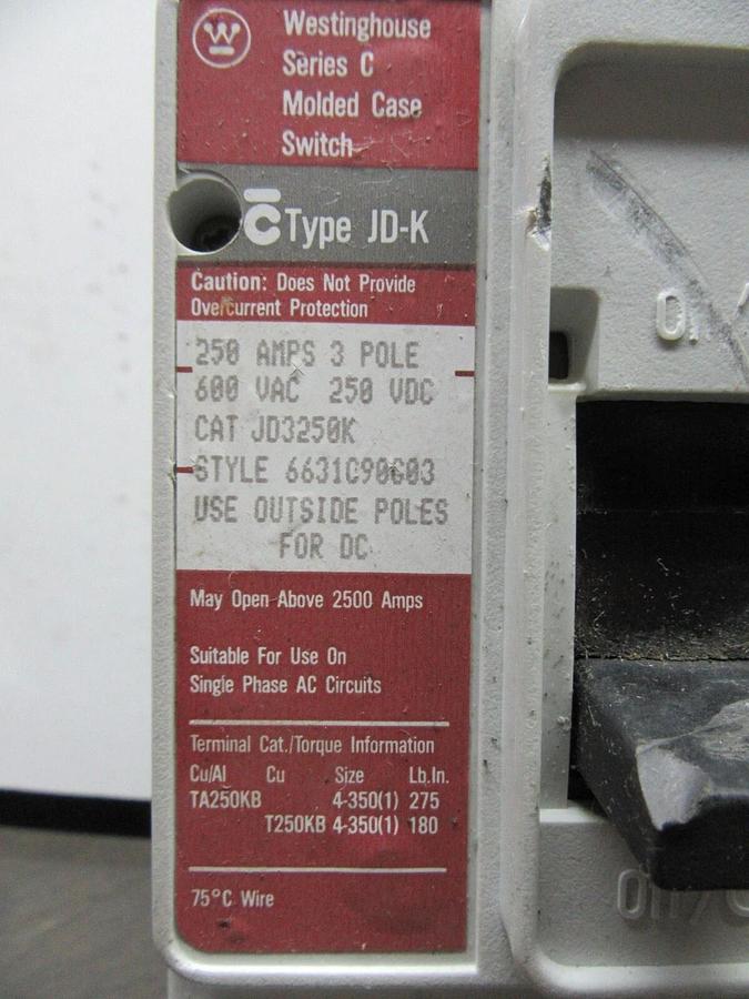 Used CUTLER-HAMMER CIRCUIT BREAKER JD3250K 250 AMP 3-POLE 600 VAC JD-K **WARRANTY**