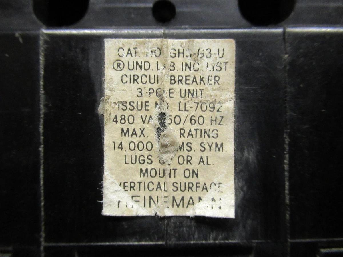 Used 60 AMP HEINEMANN BREAKER GH3-G3-U 480 VAC 3 POLE W/ LUGS **WARRANTY**