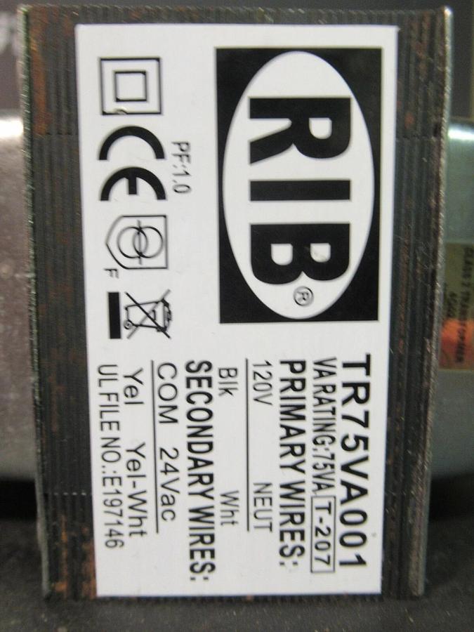 Used 0.075 (75 VA) RIB DRY CONTROL TRANSFORMER 120 VAC PRI TO 24 VAC SEC TR75VA001