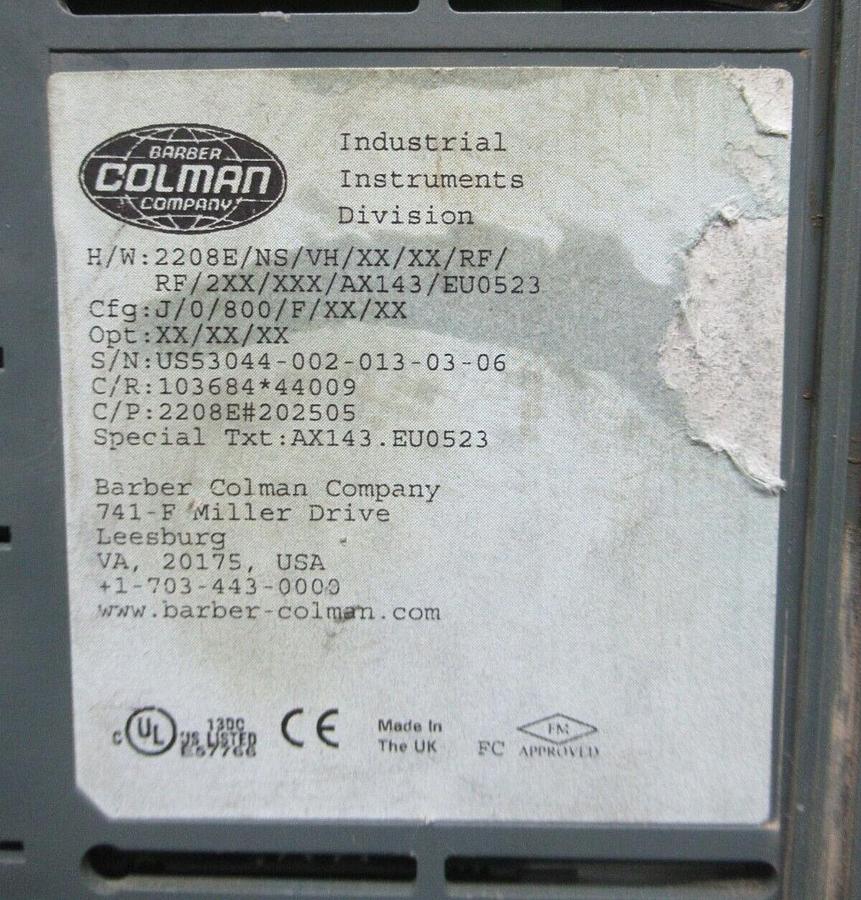 Used BARBER COLMAN PRECISION TEMPERATURE CONTROLLER 2208/NS/VH 240 VAC 10 WATT