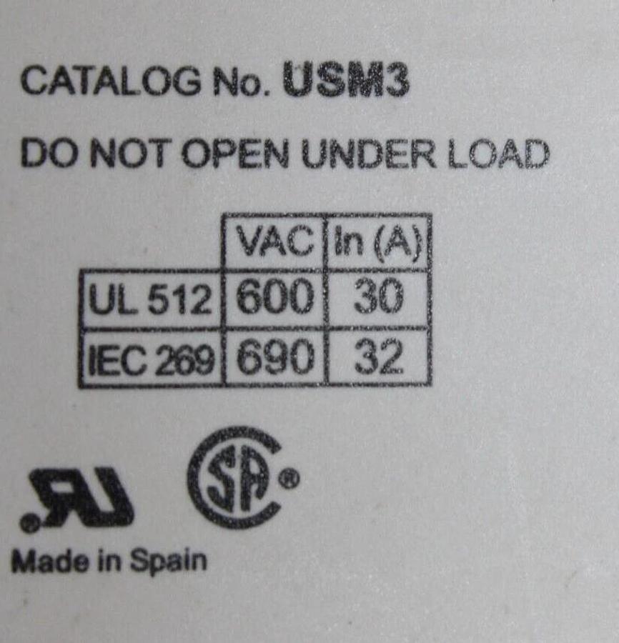 Used GOULD ULTRASAFE FUSE HOLDER USM3 3-POLE 600 VOLT 30 AMP **WARRANTY**