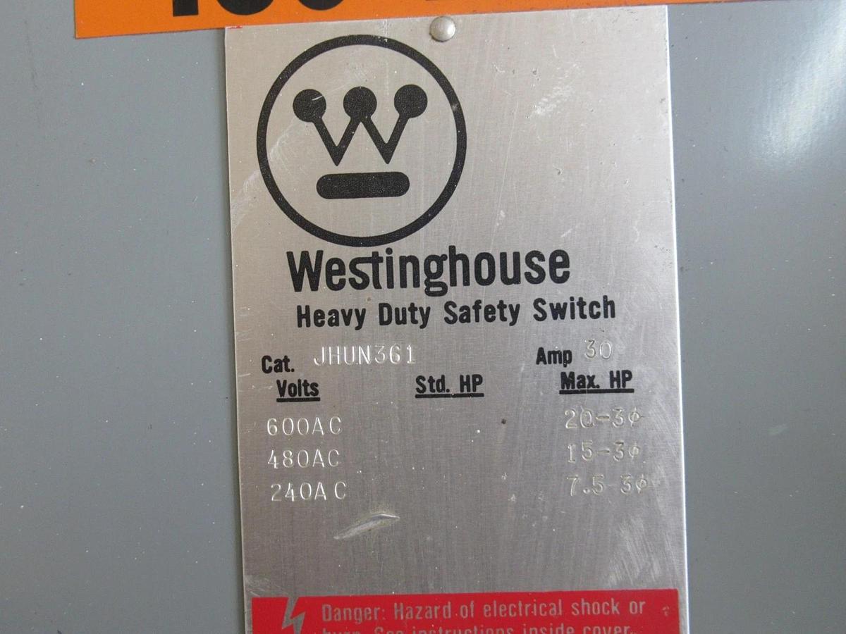 Used WESTINGHOUSE DISCONNECT SWITCH JHUN361 600VAC 20HP 30A 600VDC TYPE 12