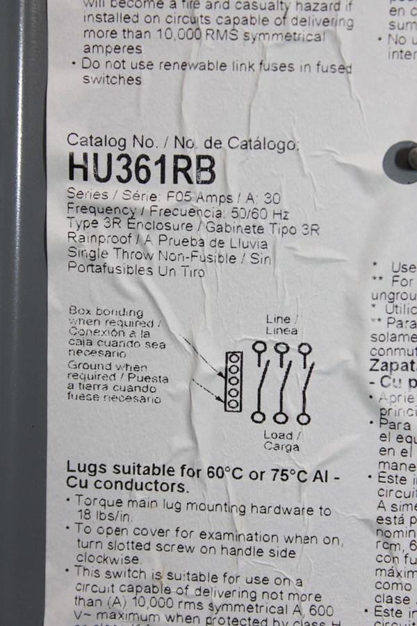 NIB SQUARE D HEAVY DUTY SAFETY SWITCH H361RB 30 AMP 600 VAC TYPE 3R NON-FUSIBLE