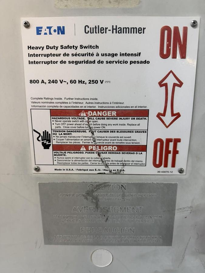 Used EATON HEAVY DUTY SAFETY SWITCH DISCONNECT DH327NRK 800 AMP 240 VAC NEMA 3R