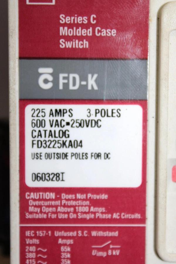Used CUTLER HAMMER MOLDED CASE SWITCH FD3225KA04 225 AMP 600 VAC 3-POLE **WARRANTY**
