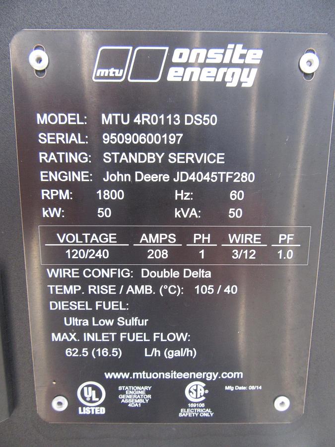 Used 50 KW DIESEL GENERATOR MTU 120/240 V JOHN DEERE SOUND ENCLOSED 499 HRS VIDEO