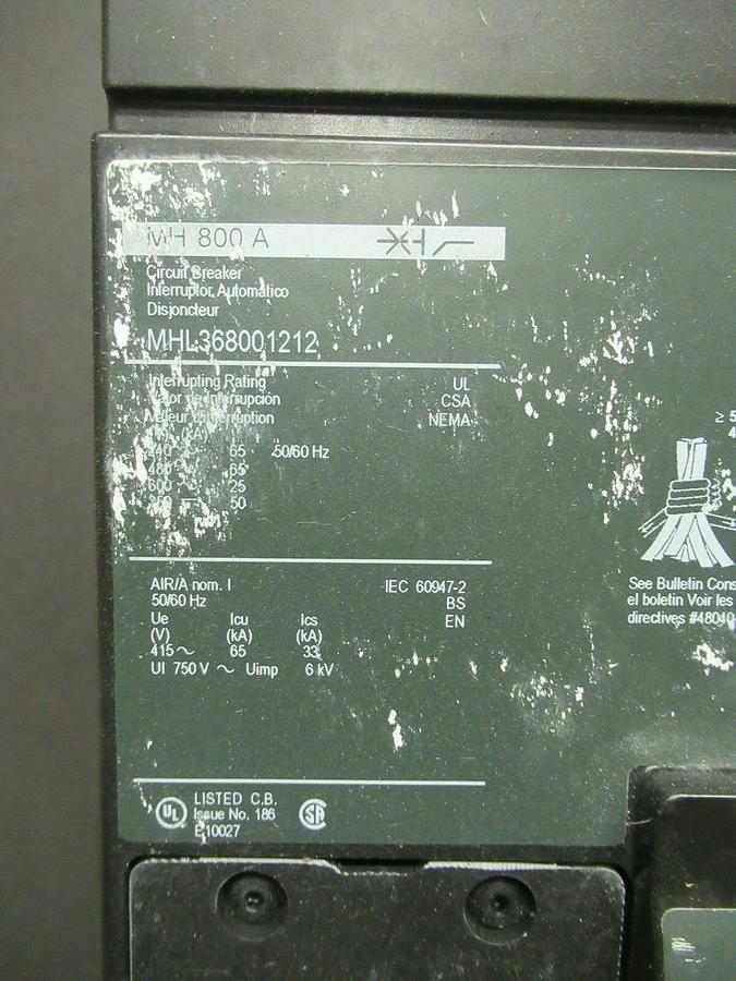 Used SQUARE D CIRCUIT BREAKER MHL368001212 600 VAC 800 AMP W/ AUX SWITCH