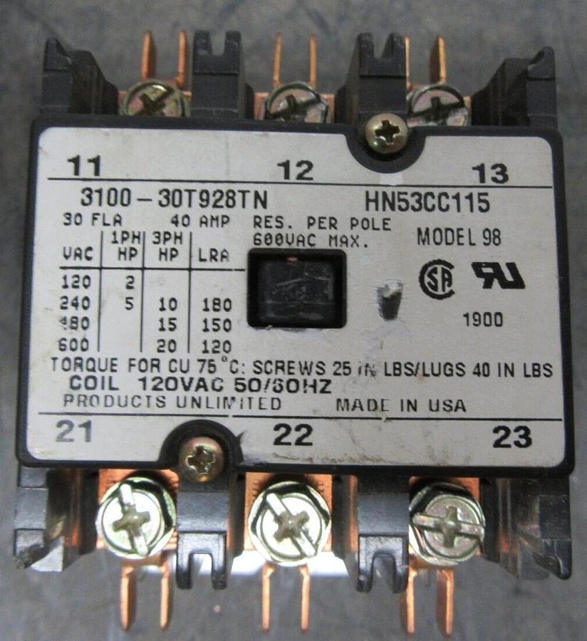 Used PRODUCTS UNLIMITED CONTACTOR 3100-30T928TN HN53CC115 600 VAC 30 AMP COIL: 120 V