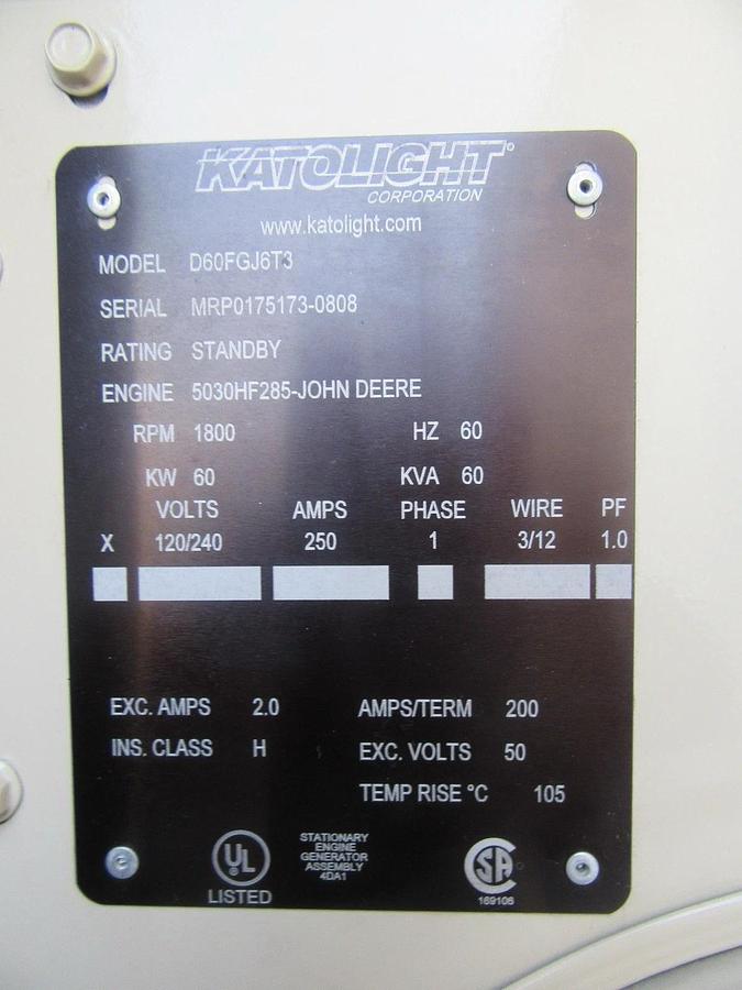 Used 60 KW DIESEL GENERATOR KATOLIGHT 120/240V RE-CONNECTABLE SOUND ENCLOSED 854 HRS