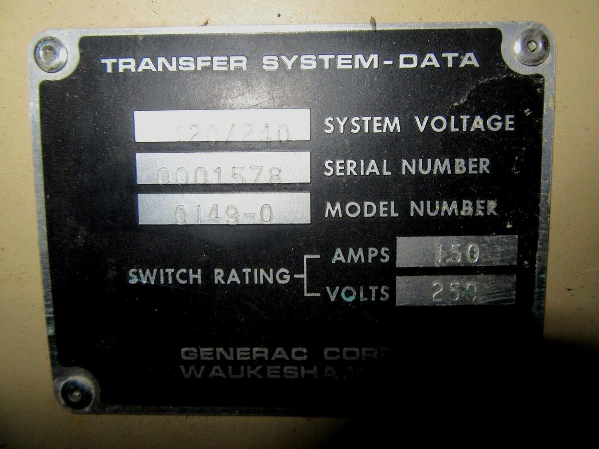 Used 150 AMP GENERAC GTS ATS AUTOMATIC TRANSFER SWITCH 250 V 1 PH 2 POLE NEMA 1 ENCL