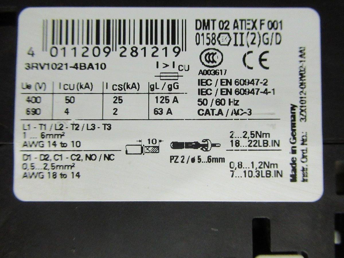 Used SIEMENS MANUAL MOTOR STARTER 3RV1021-4BA10 600V 20HP 20A **WARRANTY INCLUDED**