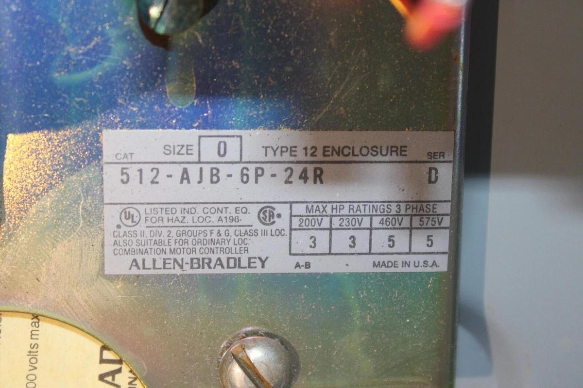 Used ALLEN BRADLEY COMBINATION STARTER 512-AJB-6P-24R TYPE 12 NEMA 0 600V 5 HP