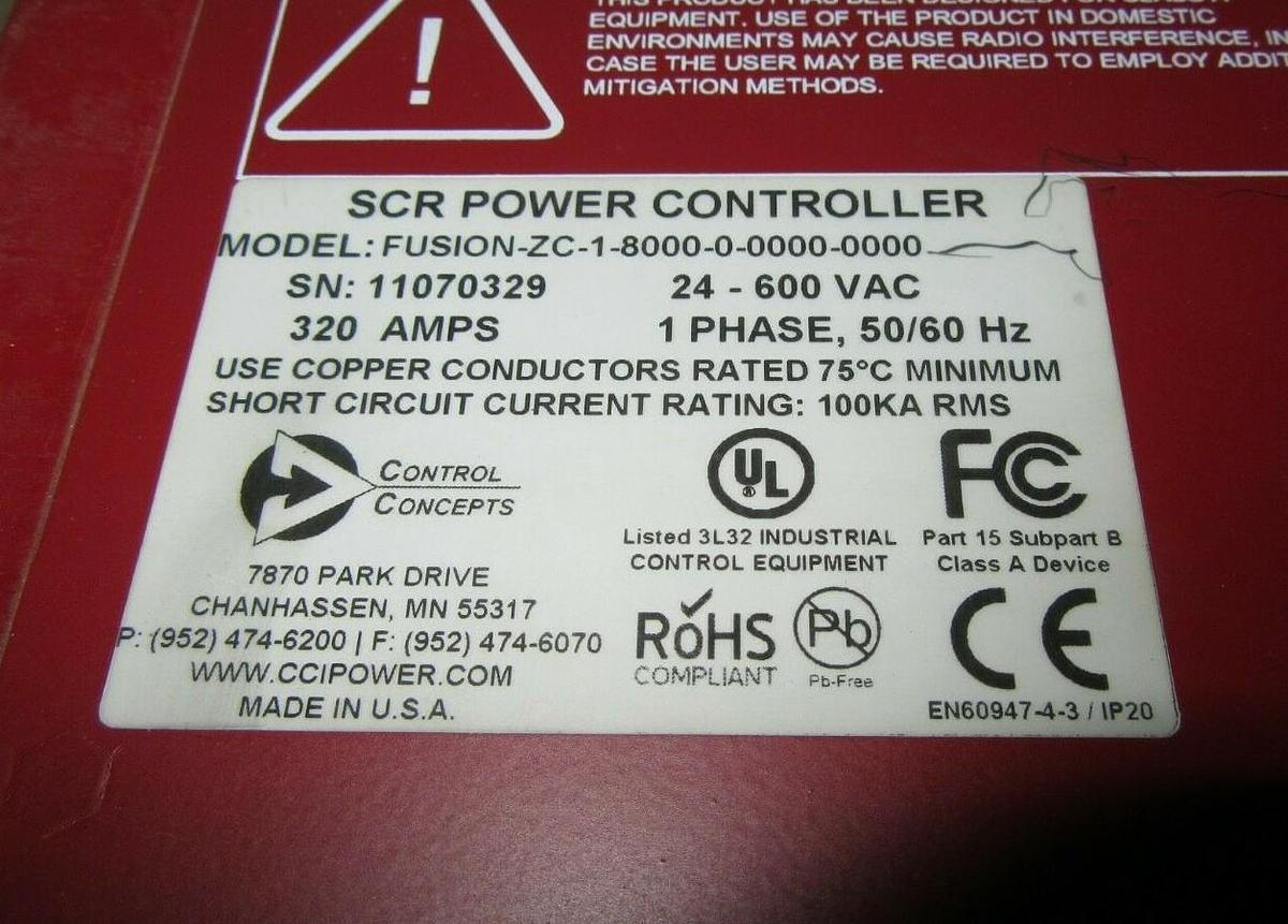 Used CONTROL CONCEPTS SCR POWER CONTROLLER FUSION-ZC-1-8000 24-600 VAC 320A 1-PHASE