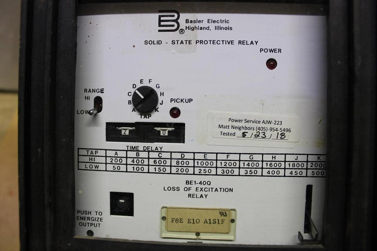 Used BASLER ELECTRIC LOSS OF EXCITATION SOLID STATE PROTECTIVE RELAY BE1-40Q