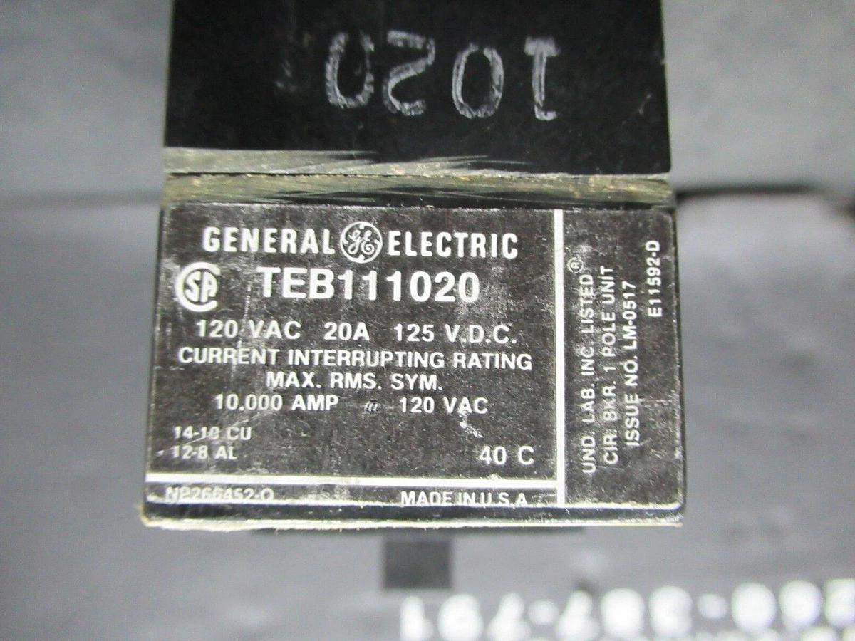 Used GE CIRCUIT BREAKER TEB111020 20 AMP 120 VAC SINGLE POLE **NEW IN BOX**