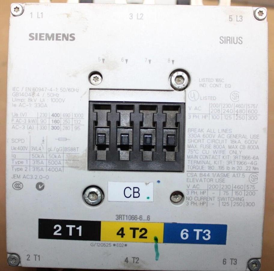 Used SIEMENS CONTACTOR 3RT1066-6...6 600 VAC 330 AMP 3-PHASE 300 HP COIL: 120 VAC